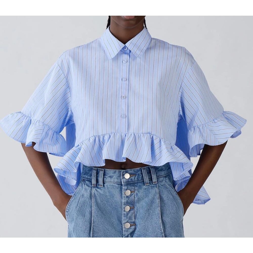 Rokh Shirt Button Down Cropped Peplum Blouse Blue Stripe Cotton Blend